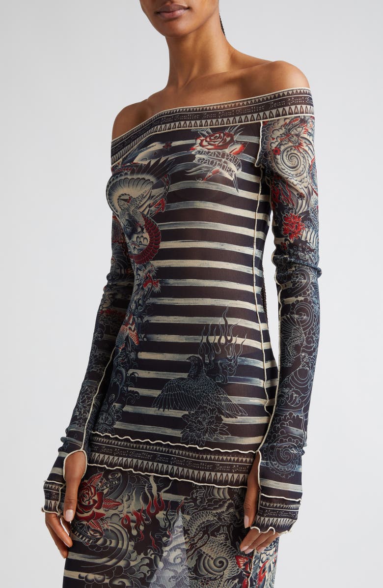 Jean Paul Gaultier Tattoo Stripe Off the Shoulder Long Sleeve Semisheer Mesh Dress, Alternate, color, 