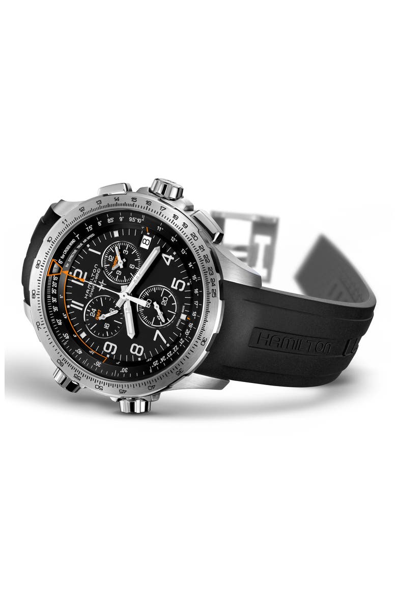 Khaki Aviation X-Wind Chronograph GMT Silicone Strap Watch, 46mm, Alternate, color, BLACK/ SILVER