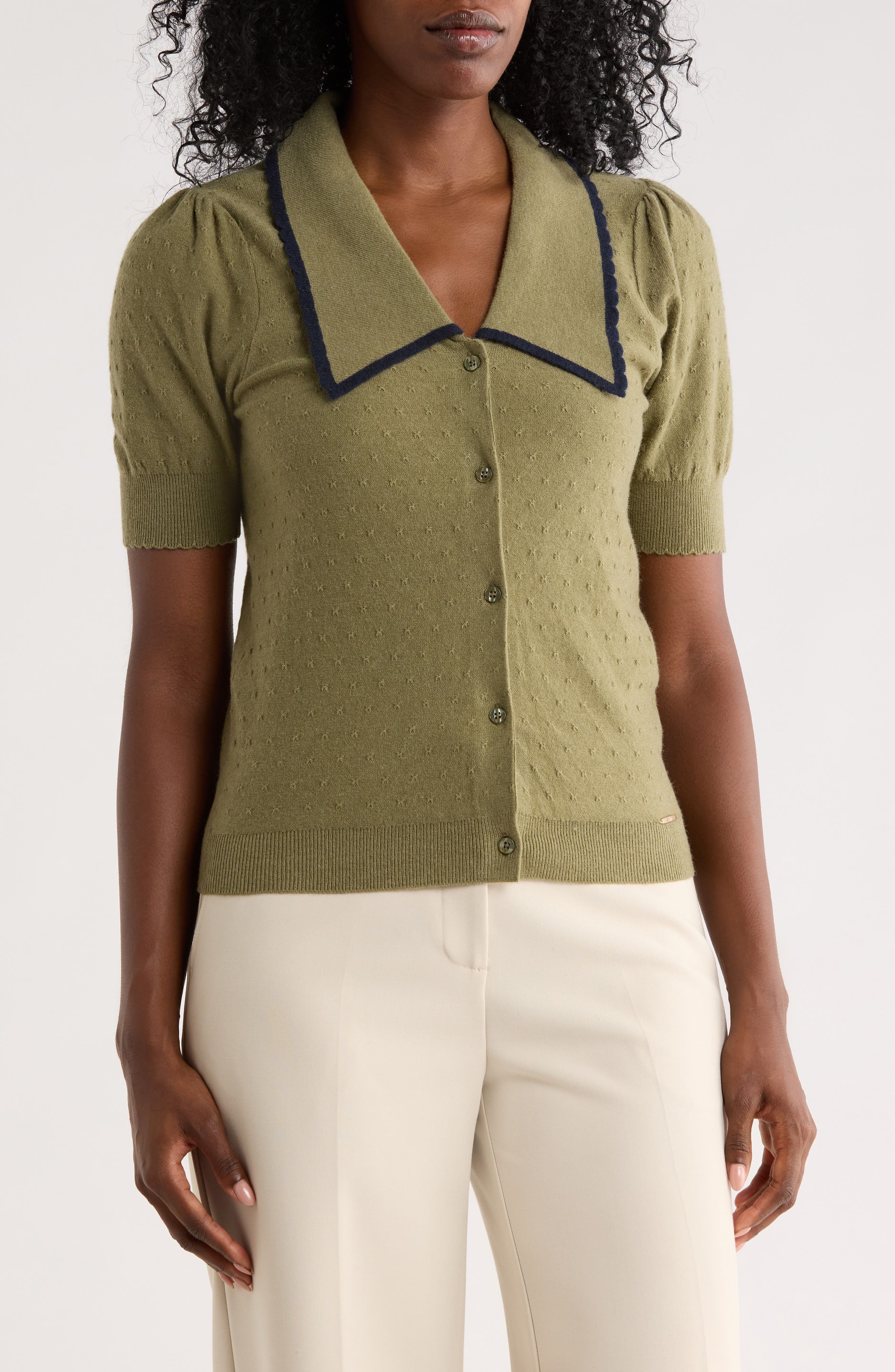 Pointelle Puff Sleeve Cardigan