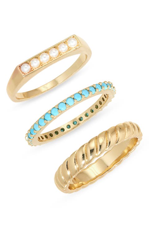 Set of 3 Faux Pearl & Stone Rings