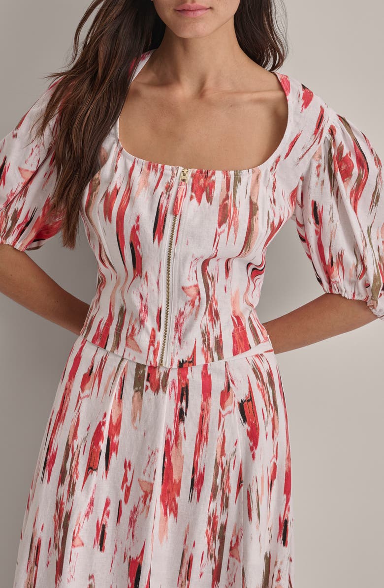 DKNY Print Zip Front Puff Sleeve Linen Blend Top, Alternate, color,