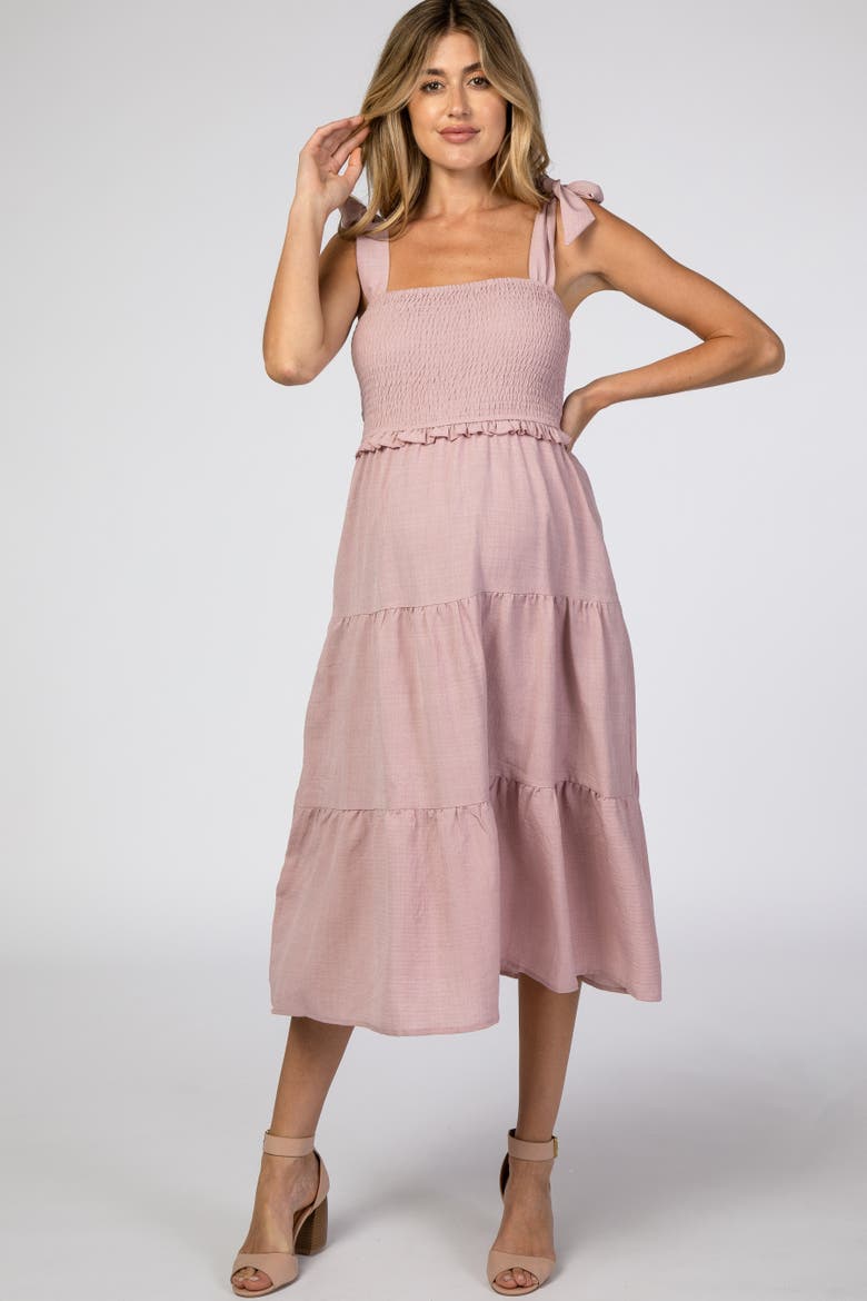 Bow Strap Tiered Midi Dress, Main, color, Mauve