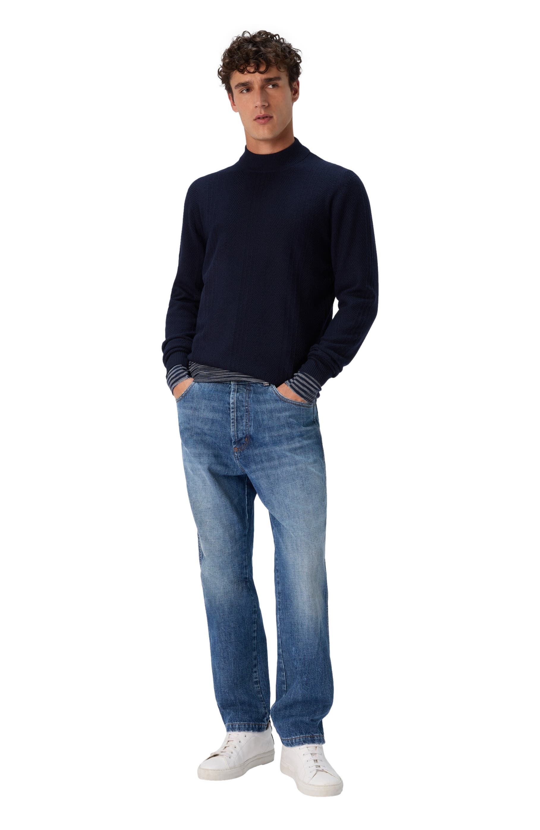 High-neck Sweater With Tone-on-tone Chevron Pattern - image 3