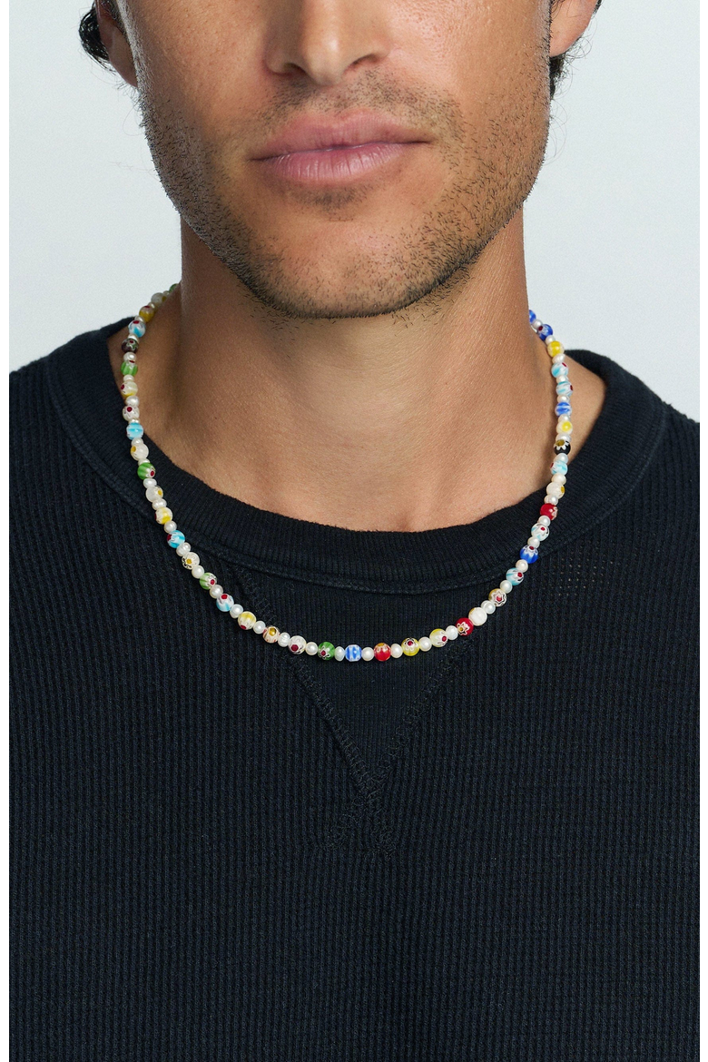 Pearl Necklace with Hand-Painted Glass Beads, Alternate, color, Multicolor