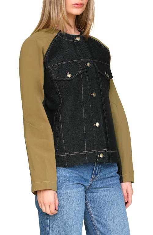 Avec Les Filles Mixed Media Denim Bomber Jacket In Indigo Olive