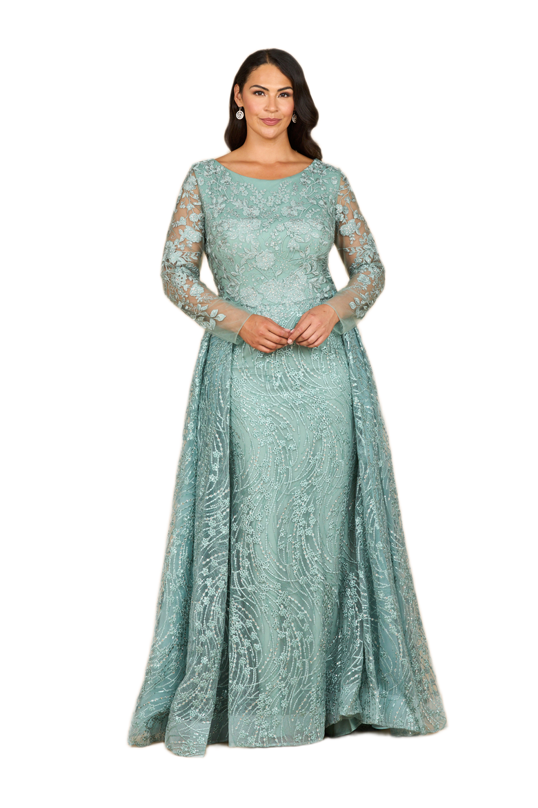 Long Sleeve Gown with Overskirt & Illusion Neckline, Main, color, Sage