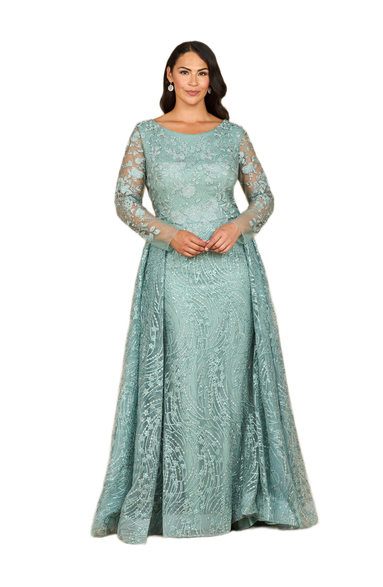 LARA New York Long Sleeve Gown with Overskirt & Illusion Neckline, Main, color, Sage