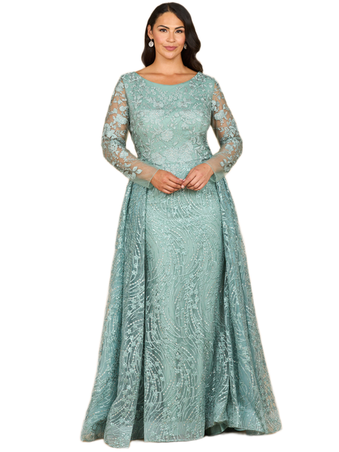 Long Sleeve Gown with Overskirt & Illusion Neckline