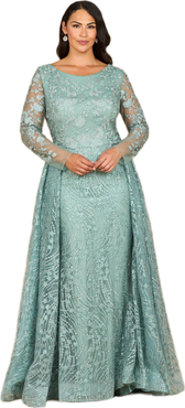 LARA New York Long Sleeve Gown with Overskirt & Illusion Neckline