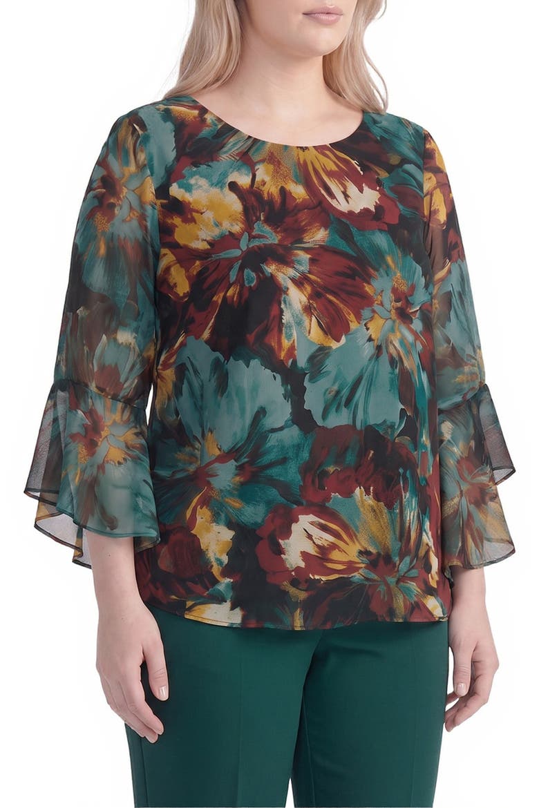 Ruffle Sleeve Floral Print Blouse, Alternate, color, EVERGREEN MULTI