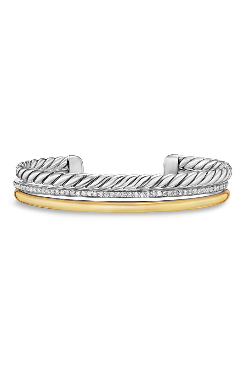 DY Mercer® Three Row Cuff Bracelet in Sterling Silver with 18K Yellow Gold & Diamonds, 10mm, Main, color, SILVER/ GOLD/ DIAMOND
