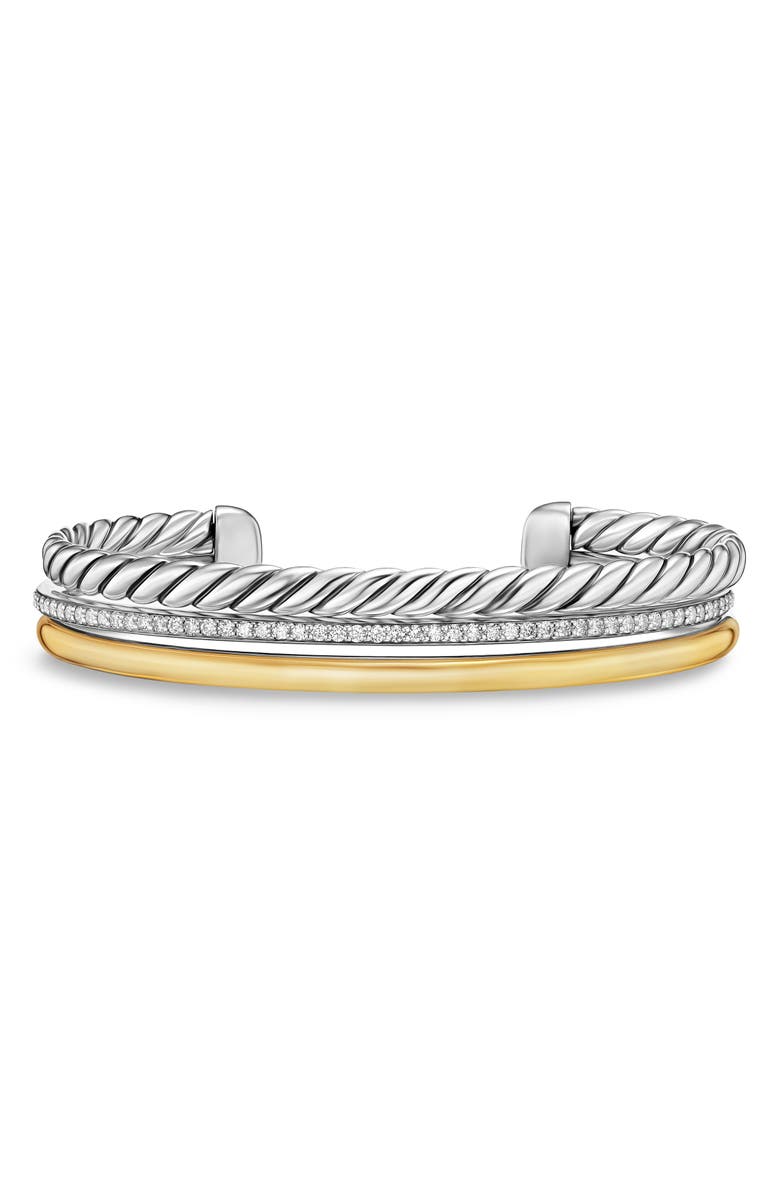David Yurman DY Mercer<sup>®</sup> Three Row Cuff Bracelet in Sterling Silver with 18K Yellow Gold & Diamonds, 10mm, Main, color, Silver/ Gold/ Diamond