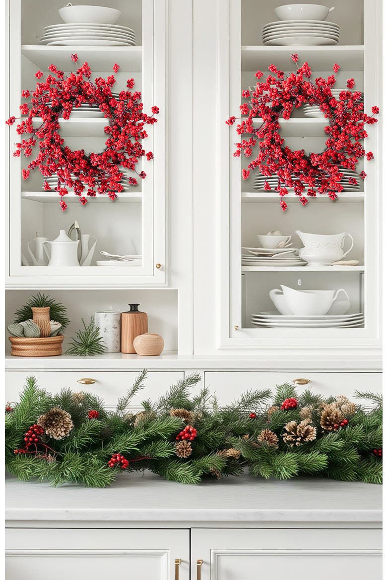 Set of 2 14"D Christmas Mini Red Berries Wreath, Alternate, color, Red