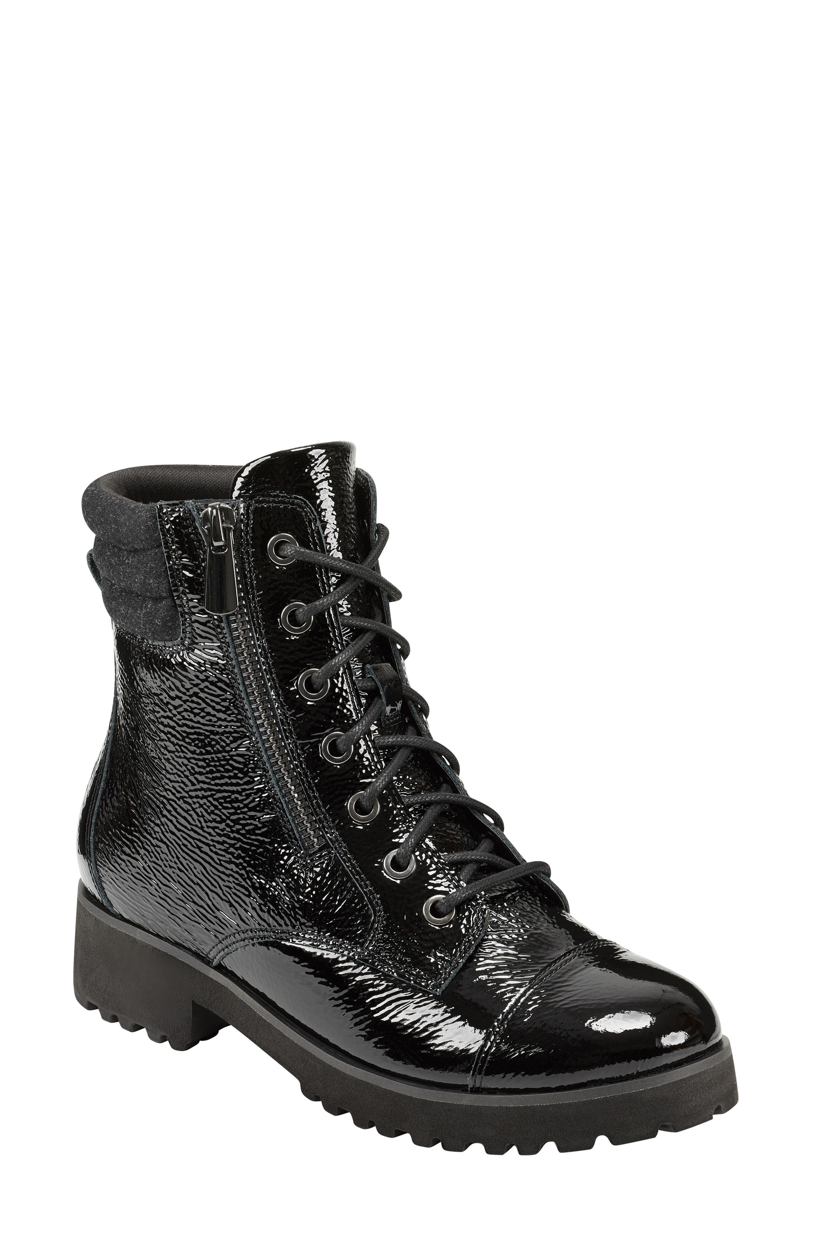 Wylie Cap Toe Combat Bootie, Main, color, BLACK PATENT LEATHER