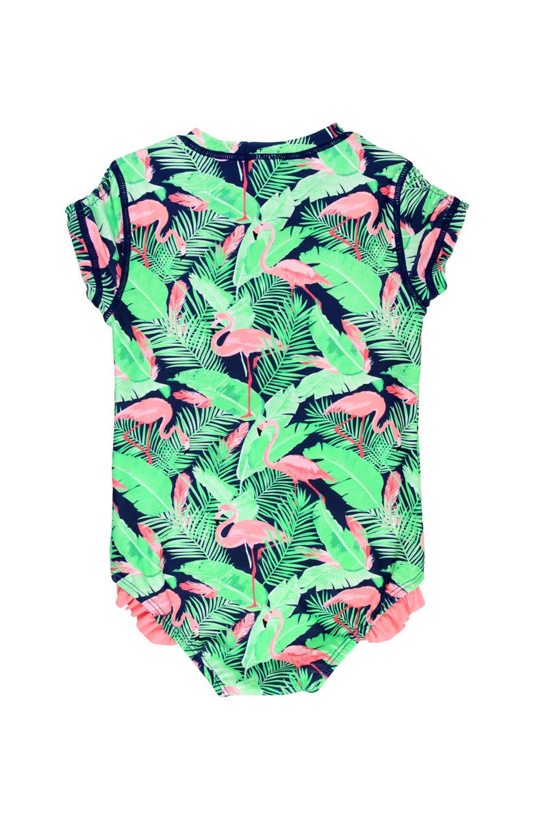 RuffleButts Toddler Girls Short Sleeve UPF50+ One Piece Rash Guard, Alternate, color, Flamingo Frenzy