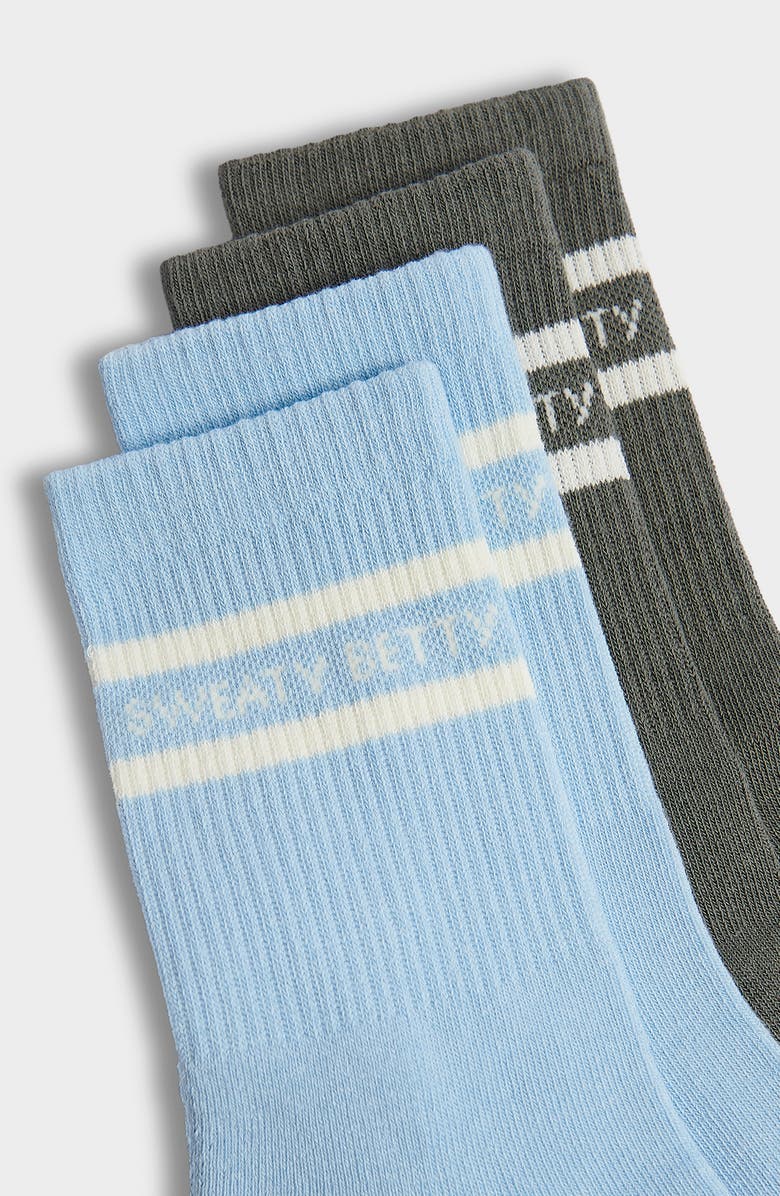 Sweaty Betty 2-Pack Varsity Slogan Crew Socks, Alternate, color, Breezeblue Umbragreen