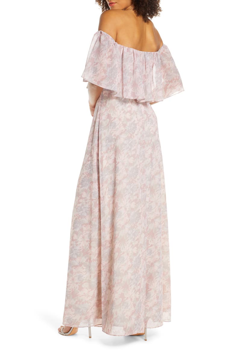Floral Popover Off the Shoulder Chiffon Gown, Alternate, color, NUDE ROSE ALLOVER