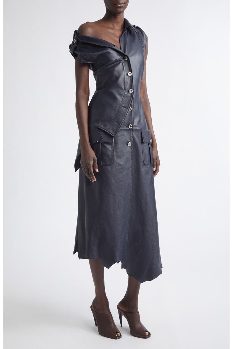 Asymmetric Leather Shirtdress, Main, color, NAVY