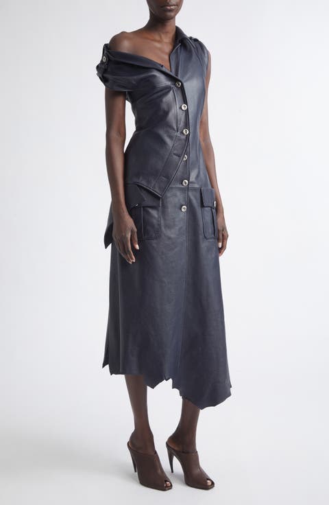 Asymmetric Leather Shirtdress
