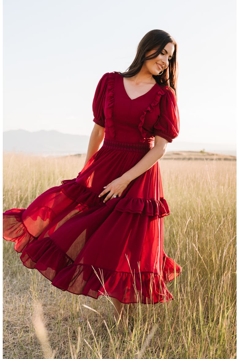 Tiered Ruffle Midi Dress, Main, color, BURGUNDY BEET