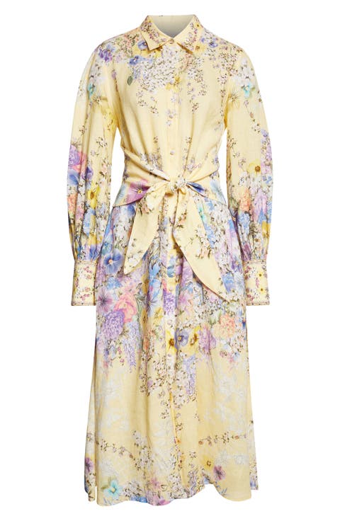 Darling Buds Long Sleeve Tie Waist Linen Shirtdress
