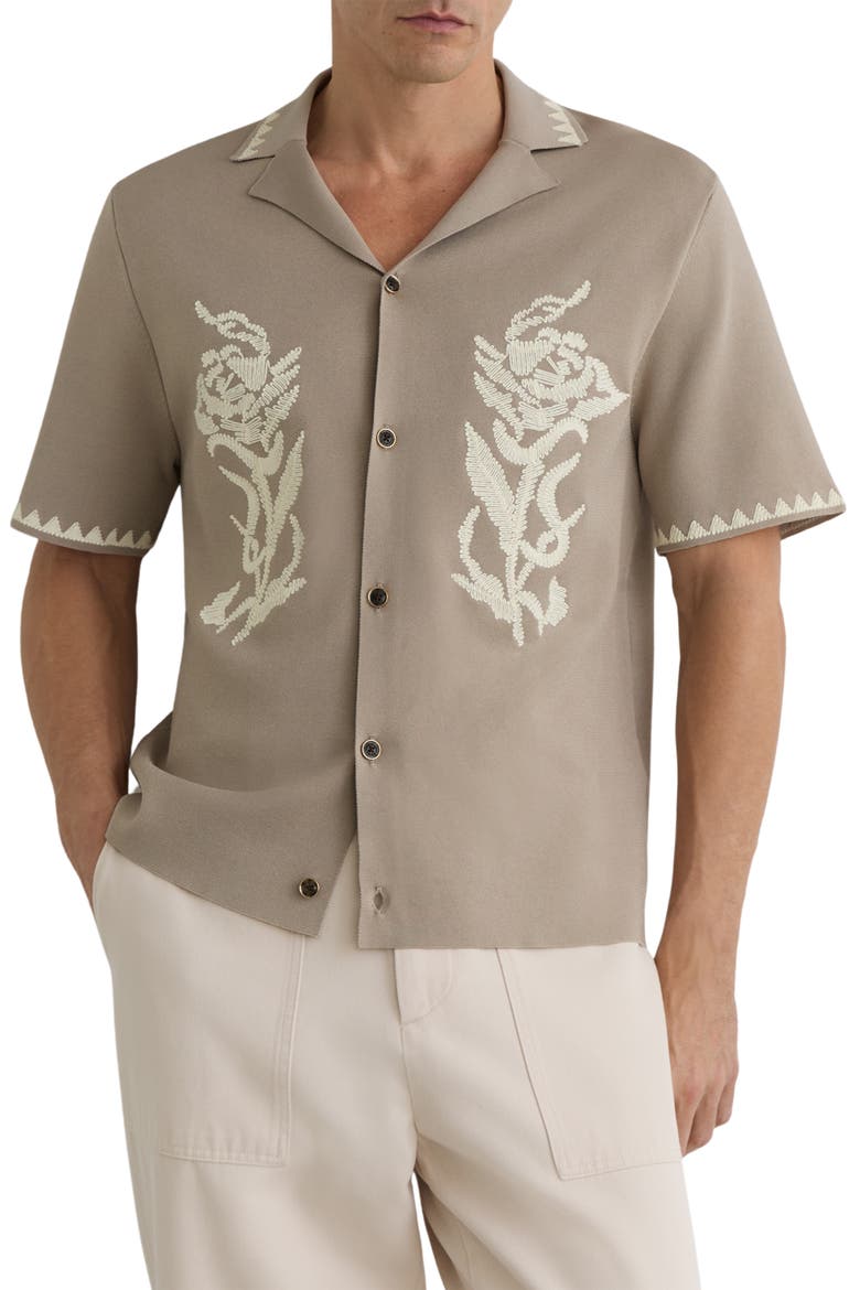 Folia Floral Embroidered Knit Camp Shirt, Main, color, CHAMPAGNE