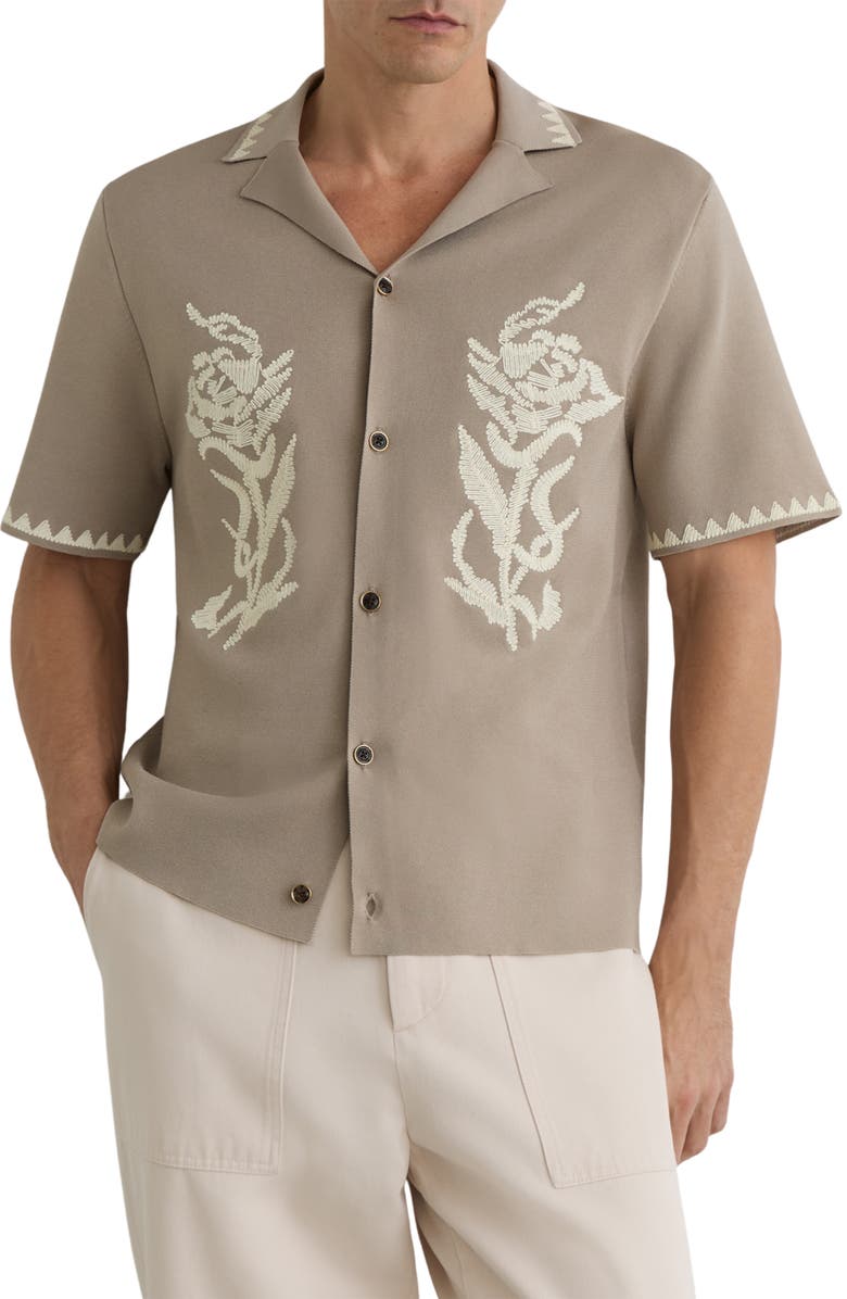 Reiss Folia Floral Embroidered Knit Camp Shirt, Main, color, Champagne