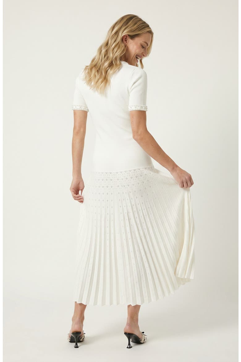 Pearl Embellished Fitted Waist Pleated Midi Knit Dress, Alternate, color, White