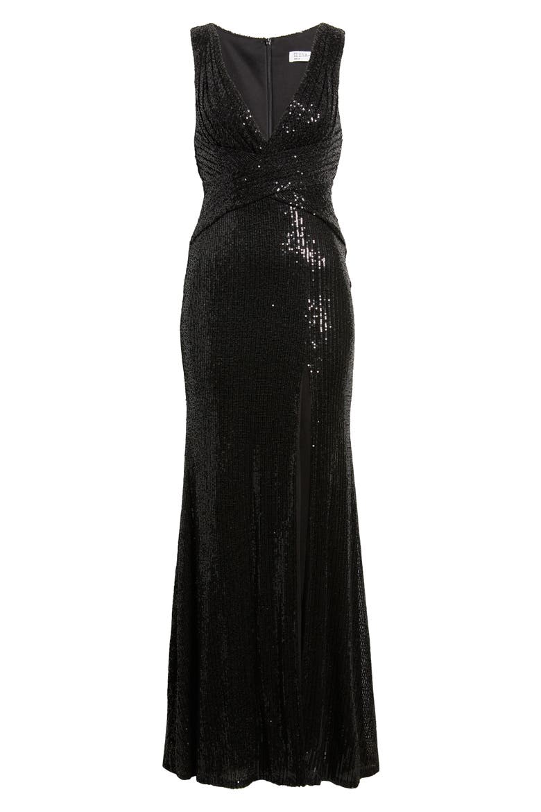 V-Neck Sequin Wrap Waist Gown, Alternate, color, BLACK