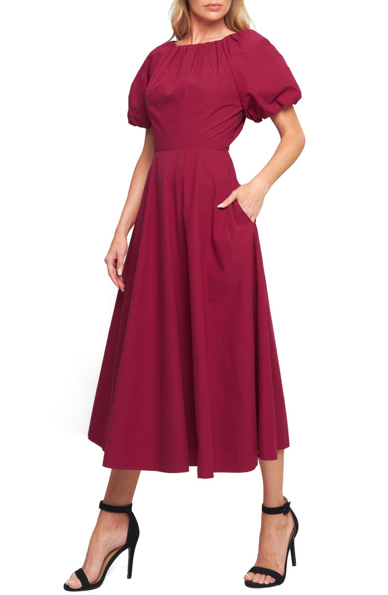 FLYING TOMATO Puff Sleeve A-Line Cotton Maxi Dress, Alternate, color, Burgundy