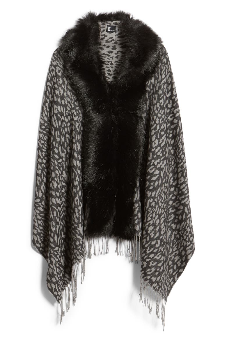 Faux Fur Trim Knit Wrap, Alternate, color, GREY LEOPARD
