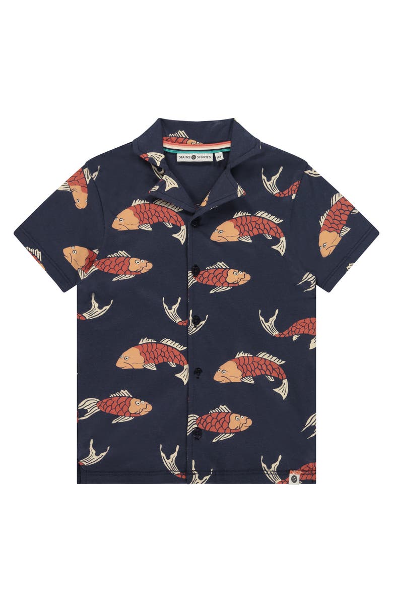 Stains and Stories by Babyface Koi Print Button Up Short Sleeve Shirt, Main, color, Dark Royal