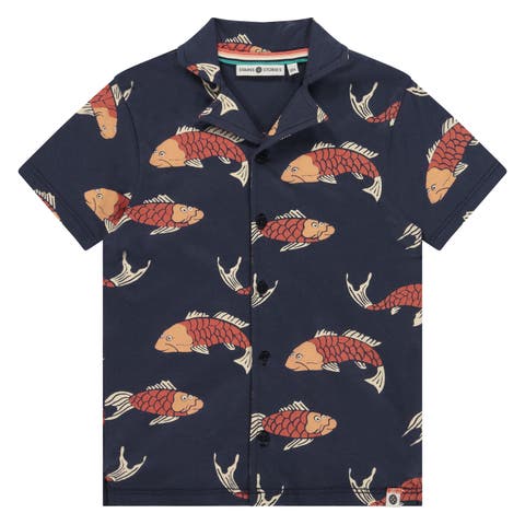 Koi Print Button Up Short Sleeve Shirt