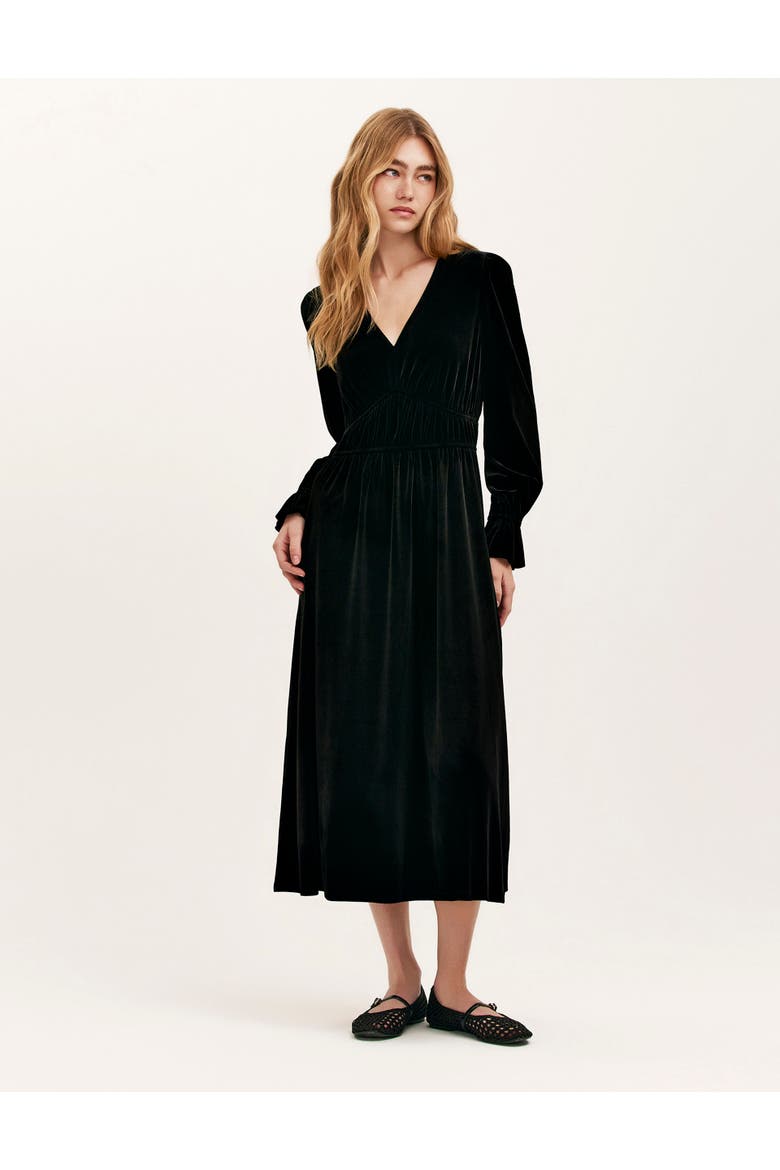Laila Velvet V Neck Midi Waisted Dress, Alternate, color, Black