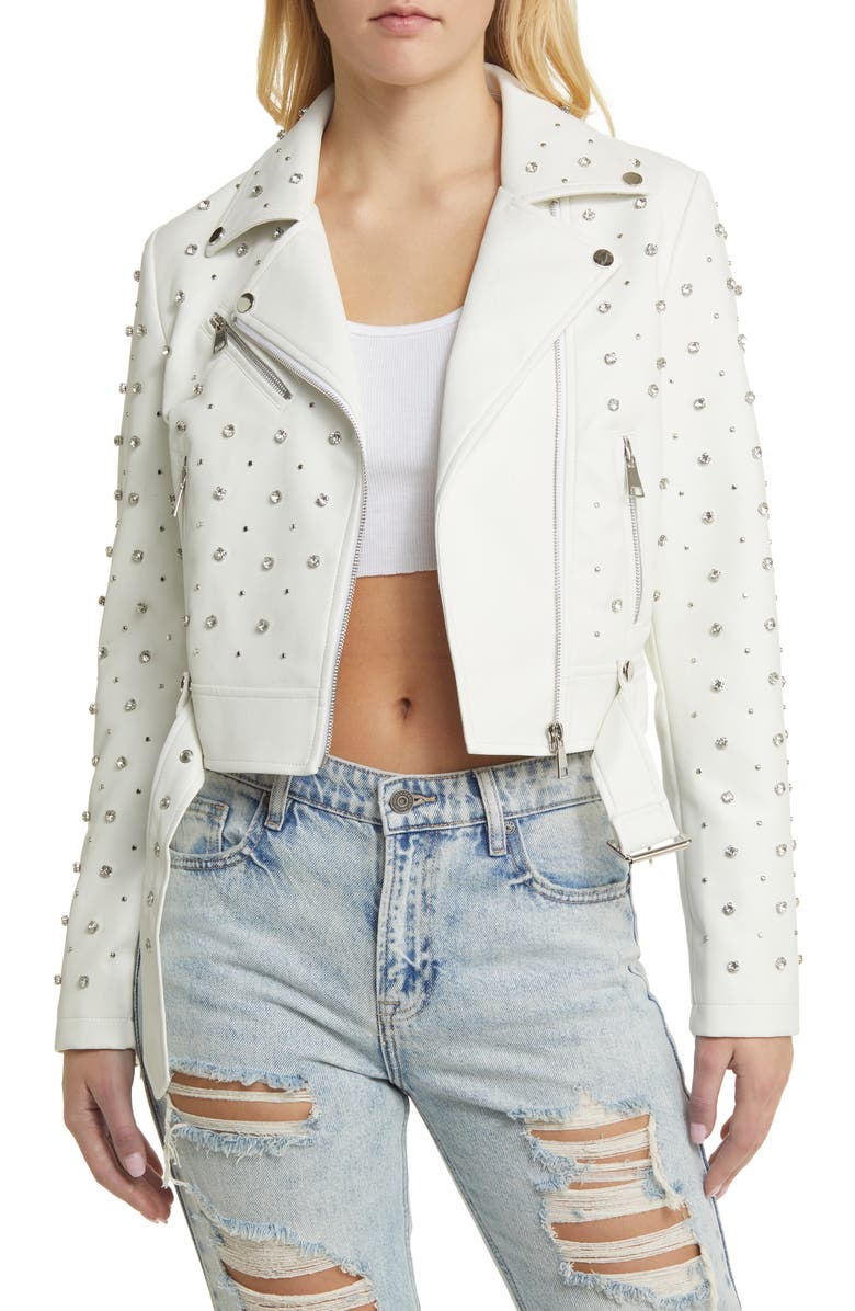 AZALEA WANG Stud Detail Faux Leather Moto Jacket, Main, color, 