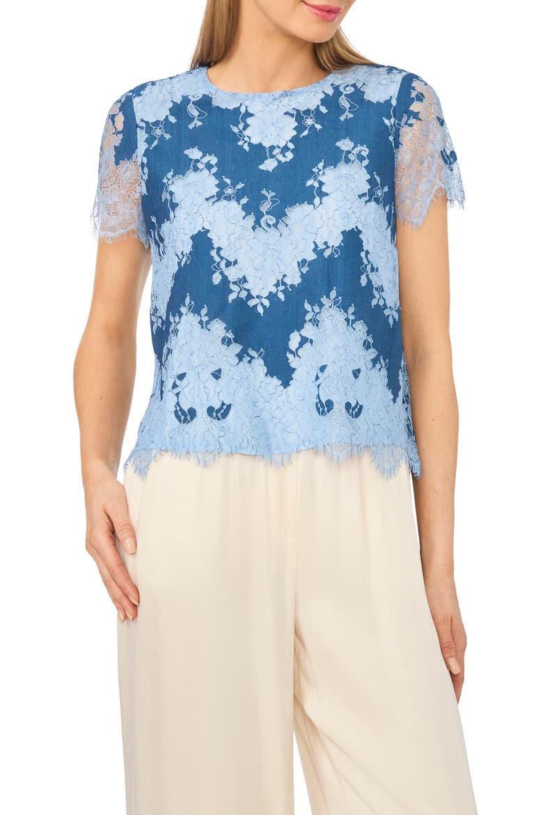 Lace Inset Chambray T-Shirt, Main, color, KENTUCKY BLUE
