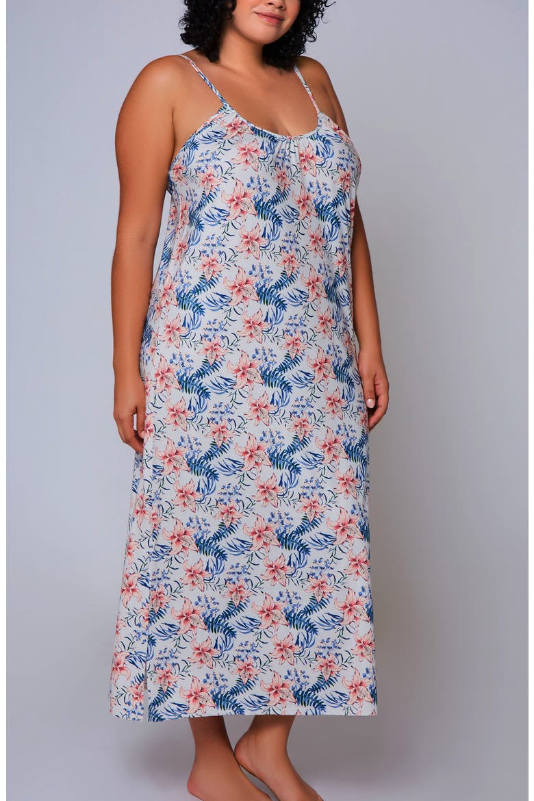 Tropical Floral Printed Long Nightgown, Alternate, color, Cream