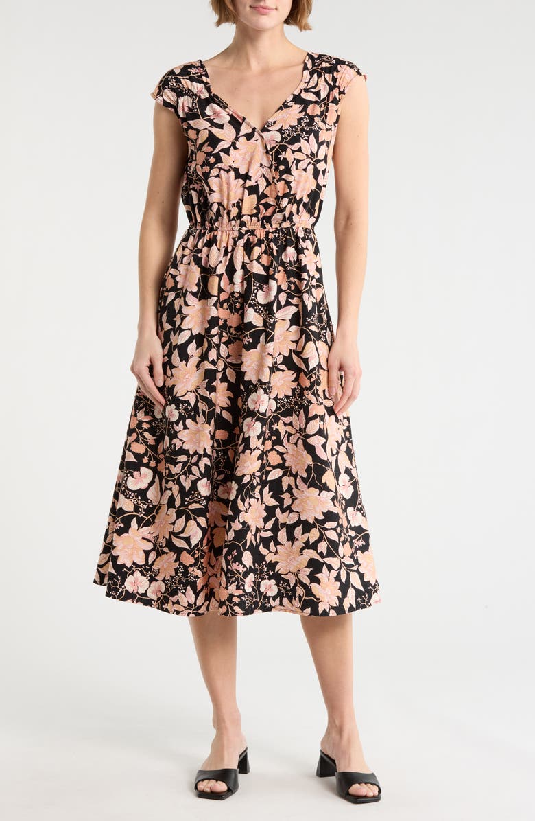 Lucky Brand Floral Cap Sleeve Midi Dress, Main, color, Black Floral