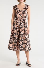 Lucky Brand Floral Cap Sleeve Midi Dress