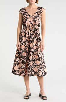Lucky Brand Floral Cap Sleeve Midi Dress