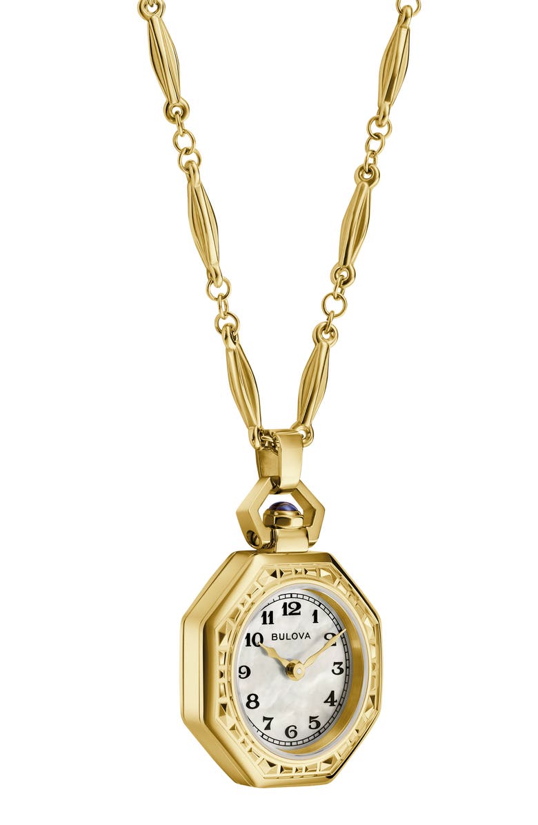 BULOVA Rubaiyat Mother-of-Pearl Pendant Necklace Watch, 28.8mm, Alternate, color, Gold-Tone