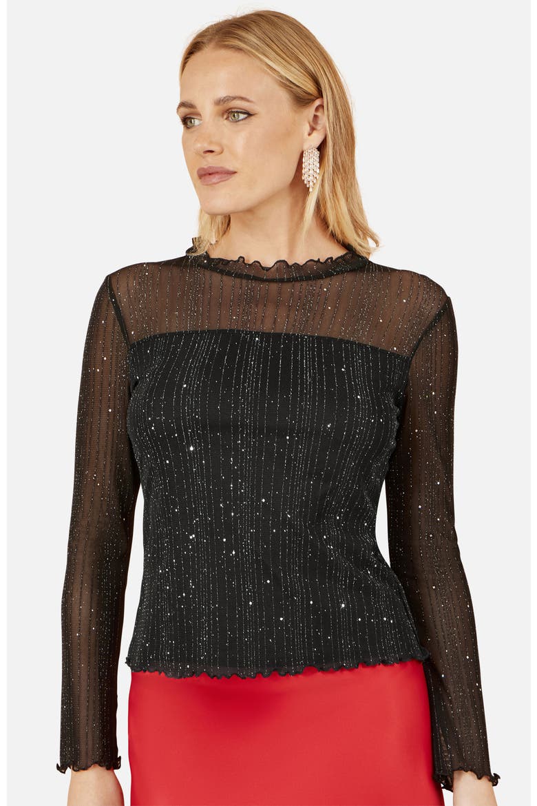 Sparkle Print Mesh Stretch Fitted Top, Main, color, Black