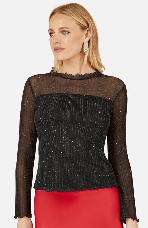 Sparkle Print Mesh Stretch Fitted Top