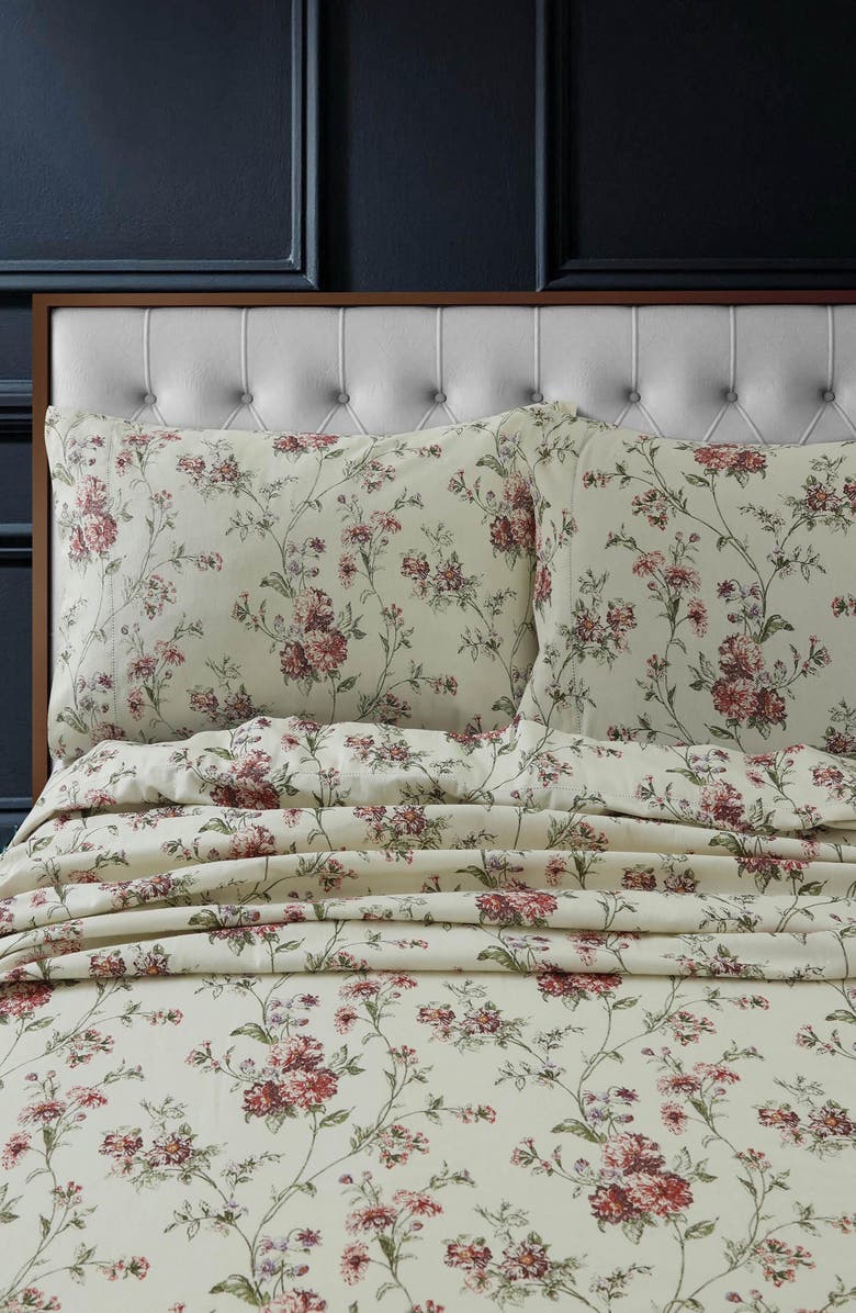 AZORES HOME Dollhouse Floral Cotton Flannel Sheet Set, Alternate, color, Multi Beige