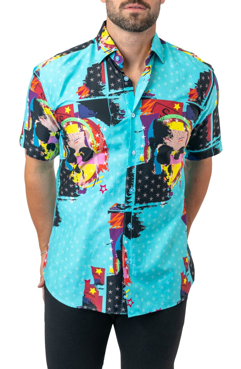 Maceoo Galileo Skullstar Blue Short Sleeve Button-Up Shirt, Alternate, color, 