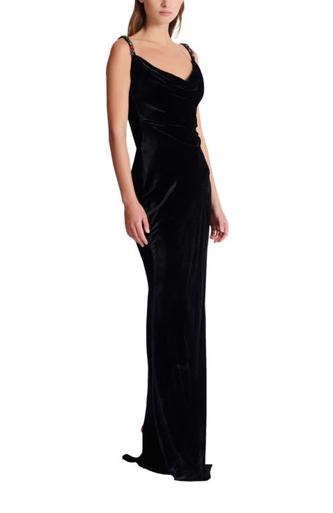 Long velvet dress with embellished straps