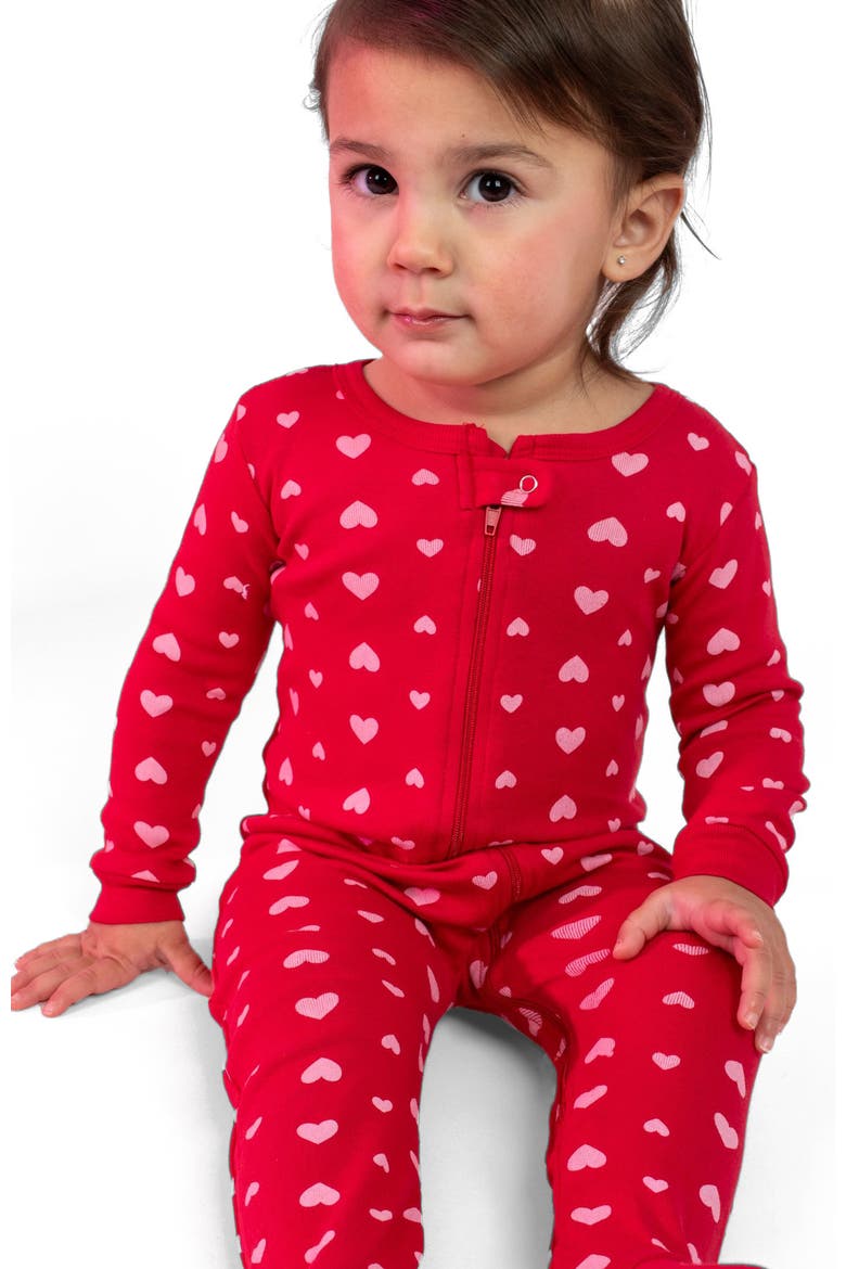 Kids Footed Cotton Matching Family Pajamas, Whimsy & Fantasy Prints, Alternate, color, Pink Hearts
