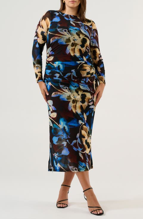 Cleo Ruched Long Sleeve Body-Con Maxi Dress (Plus)