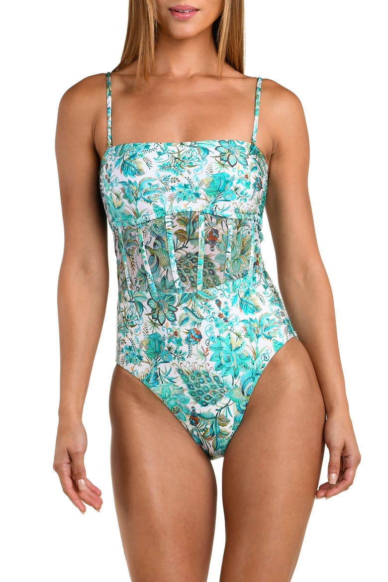 Free Spirit Print Bandeau One-Piece Swimsuit, Main, color, BLUE/ GREEN MULTI