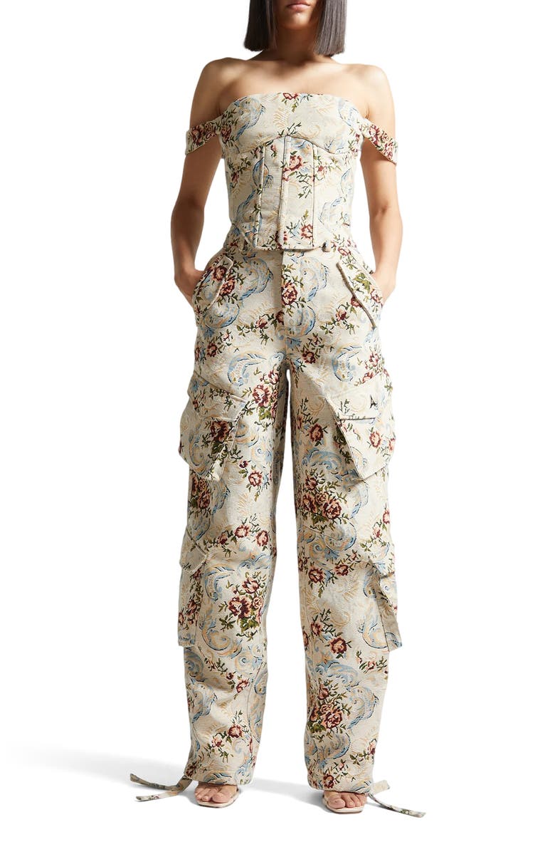 Manière De Voir Anne Floral Jacquard High Waisted Cargo Pants, Alternate, color, Beige